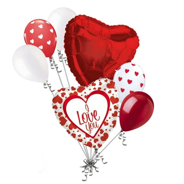 3 pc Simply Red White I Love You Heart Happy Valentines Day Balloon Bouquet Kiss 